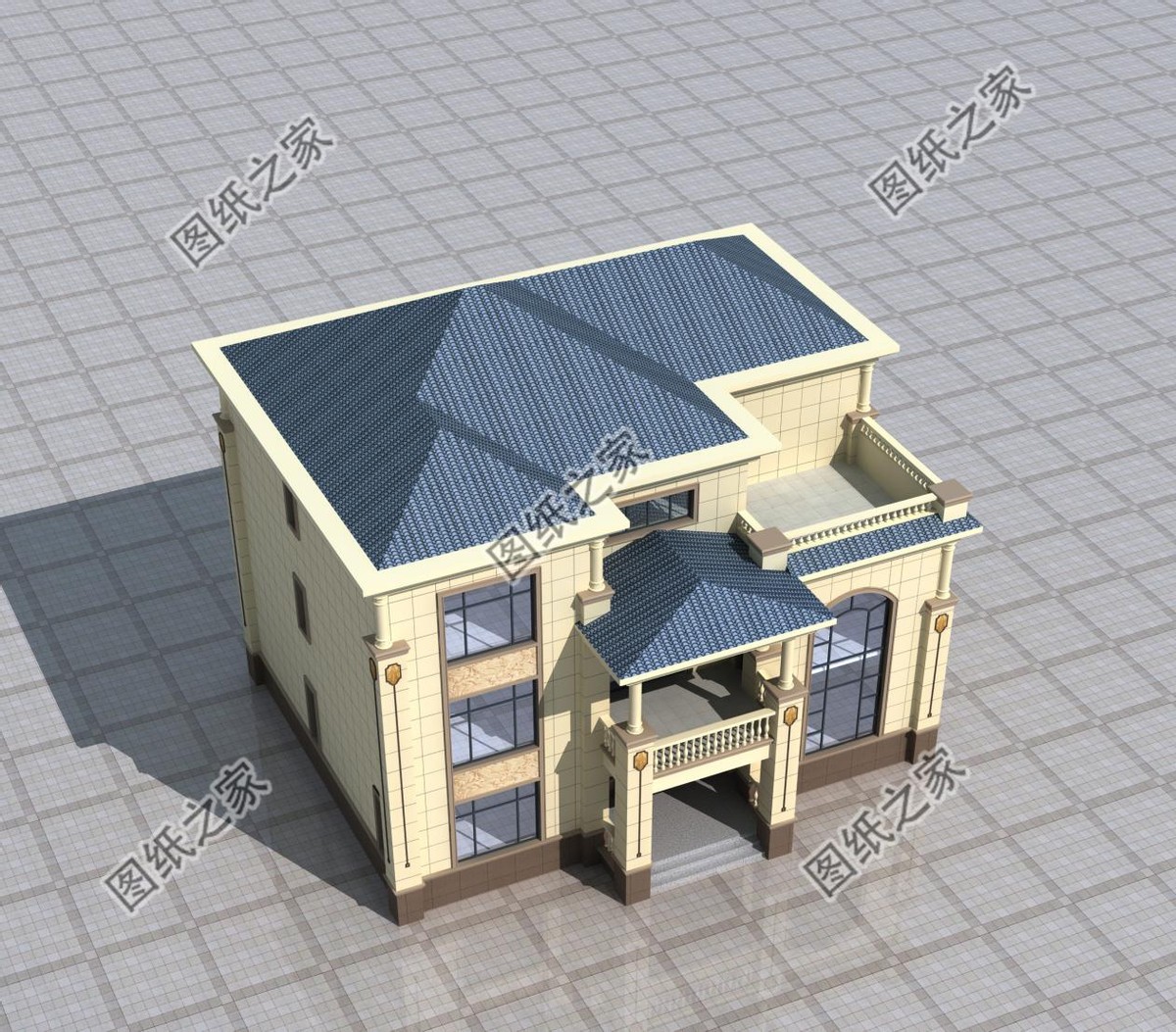 农村三层欧式别墅，白色墙体与蓝灰色坡屋顶搭配和谐，增添浪漫感