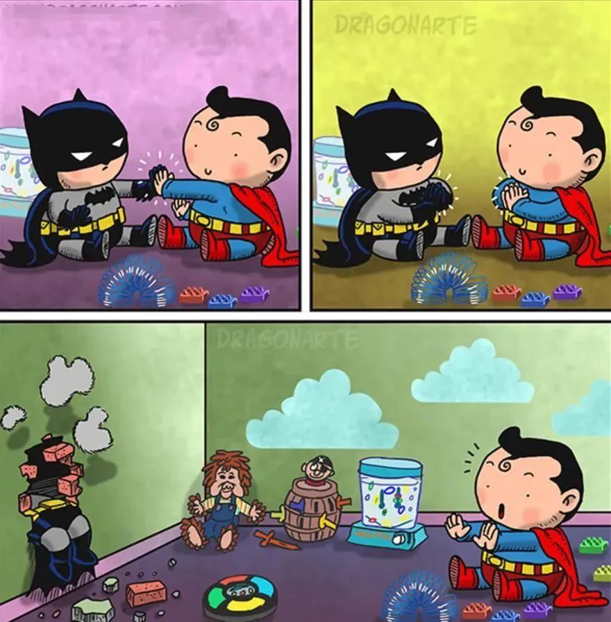 漫威DC搞笑漫画，蝙蝠侠和超人比赛射飞镖，闪电侠：你们礼貌吗？