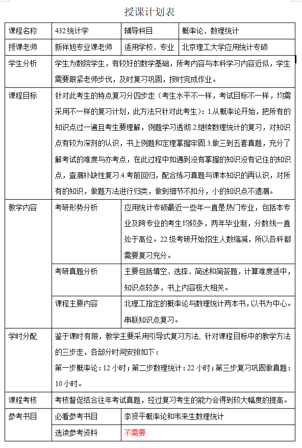 北京理工大学应用统计专硕432统计学考研授课计划、参考书、题型