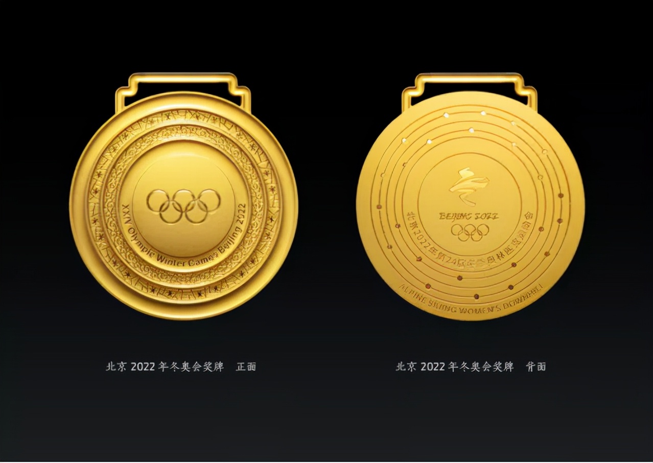 冬奥会奖牌正面中央刻有奥运五环,周围刻有北京2022第二十四届冬季奥