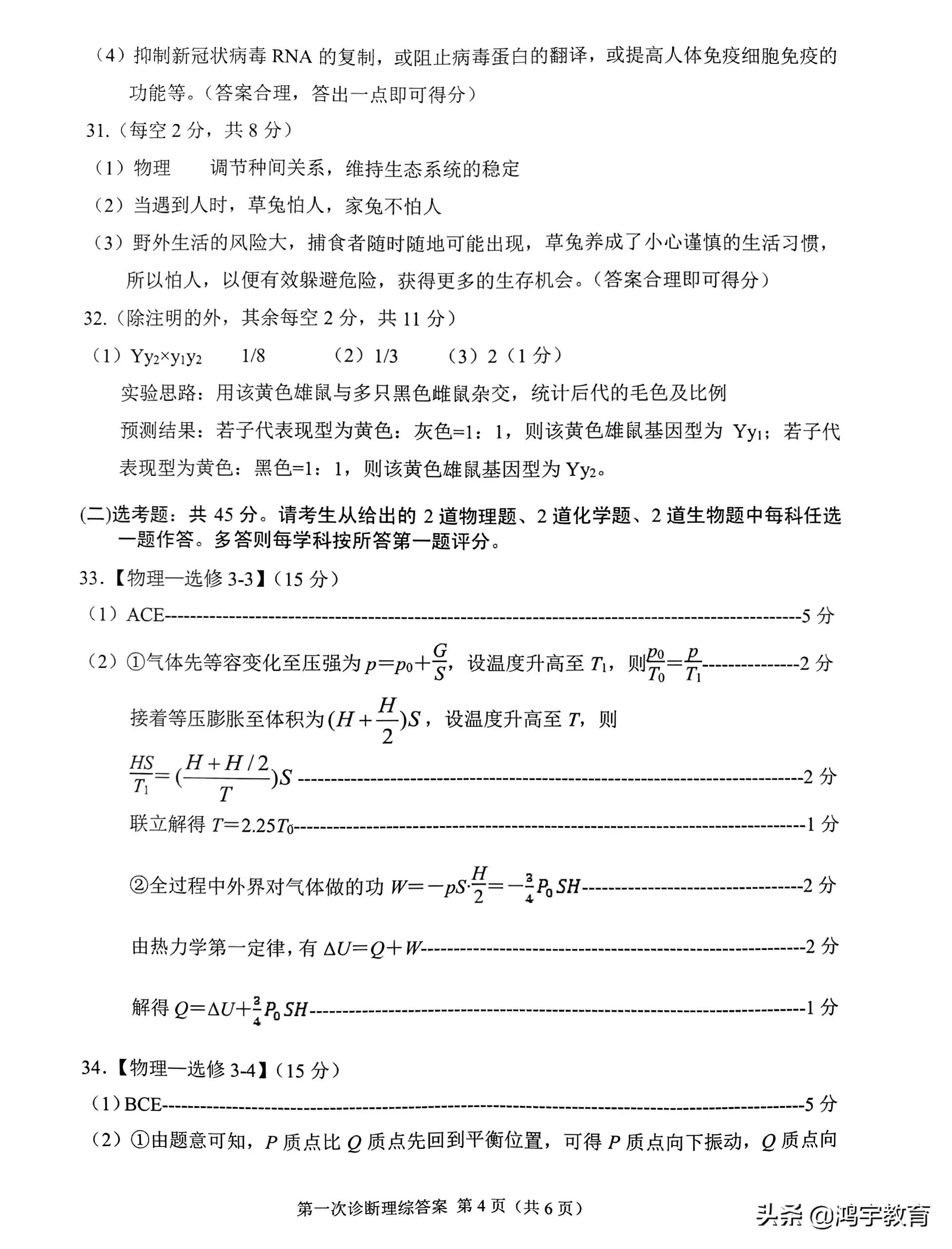 2022年甘肃省一诊考试理科综合试题及参考答案汇编