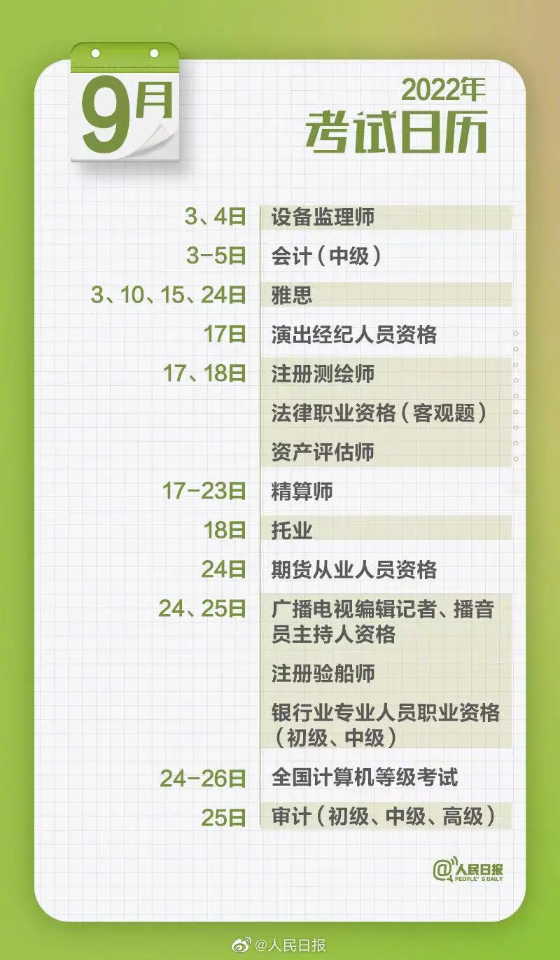 2022重要考試時間表來了