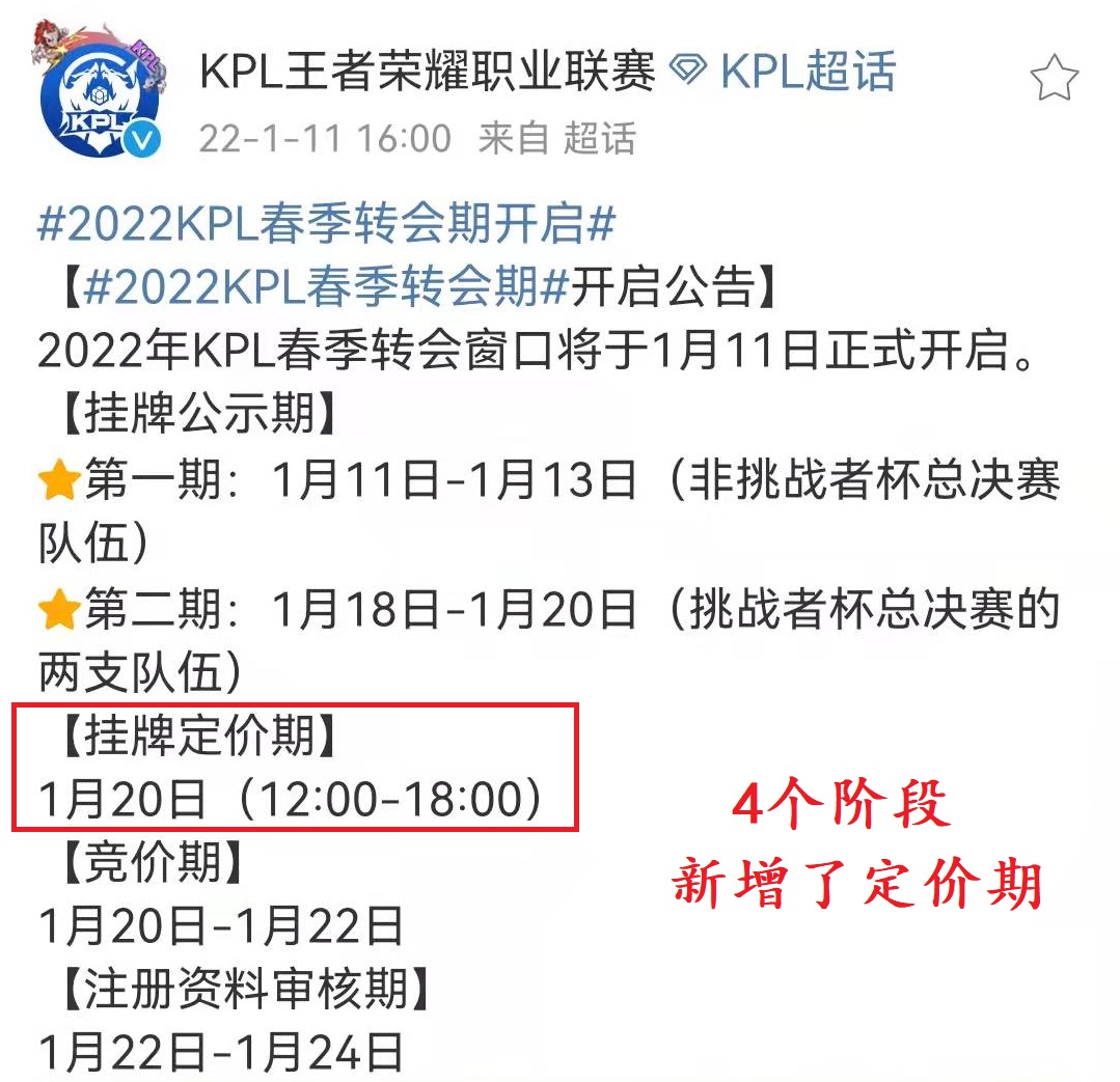 KPL官宣：2022转会开启，为期12天，13日前将有16支队伍公示结果