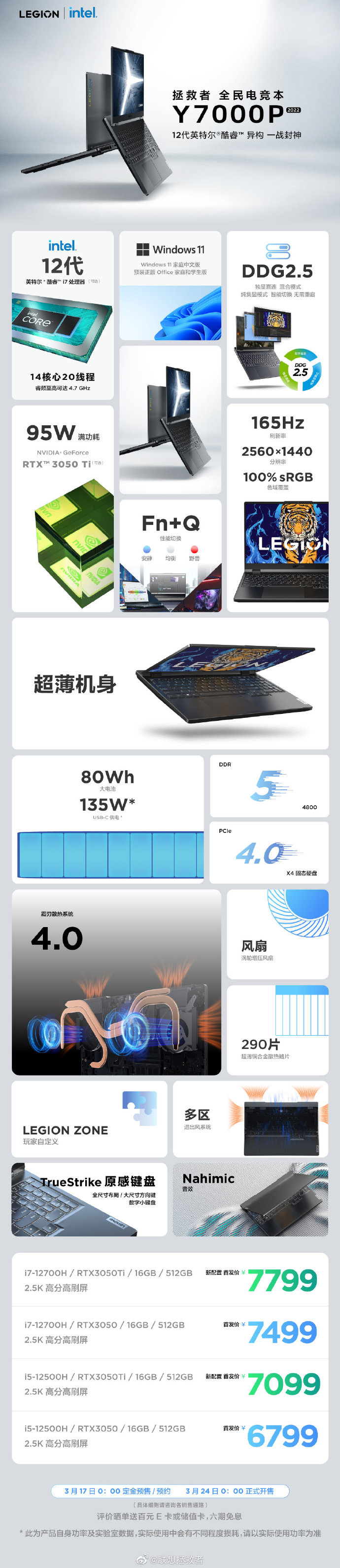 联想拯救者 Y9000P / Y7000P 2022 游戏本新配置上架，7099 元起