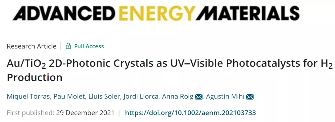 AEM：Au/TiO2 二维光子晶体作为紫外可见光催化剂助力产氢