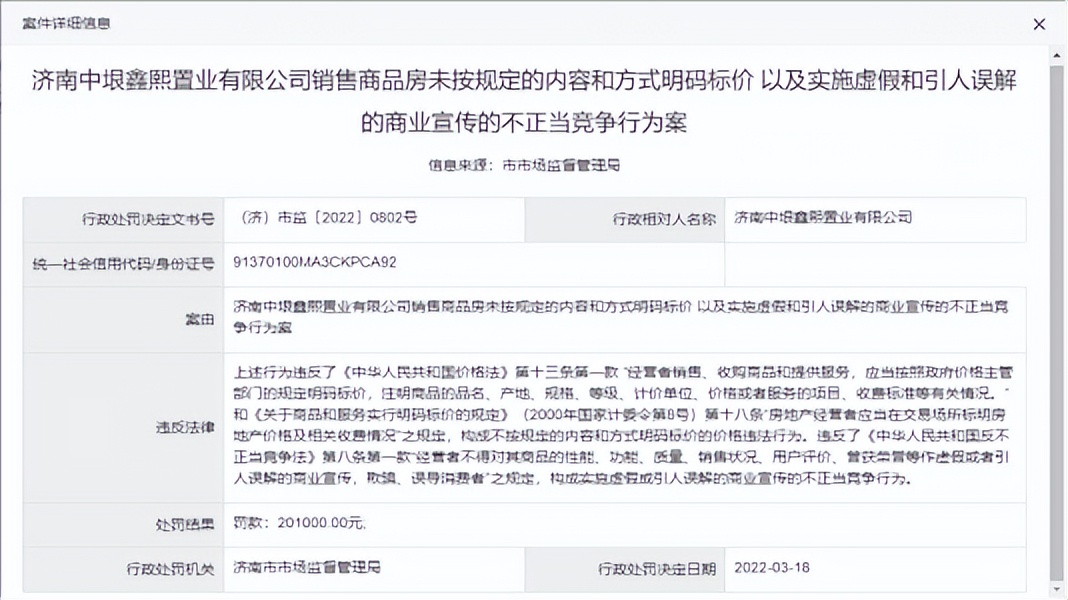 因實施不正當競爭行為，濟南中垠鑫熙置業(yè)被罰20余萬元