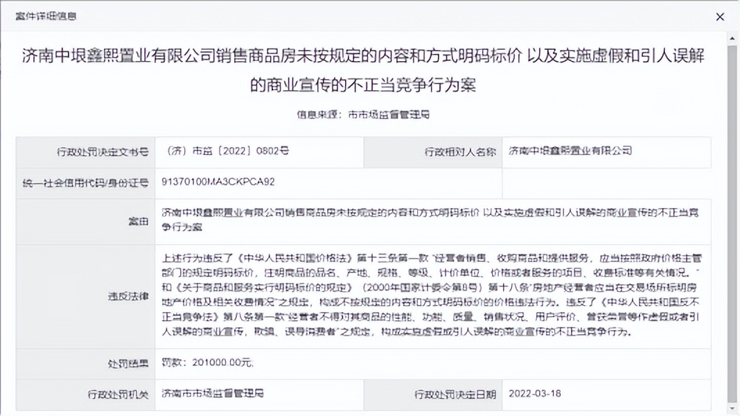 因实施不正当竞争行为，济南中垠鑫熙置业被罚20余万元