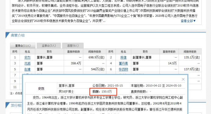 浙大网新董事长史烈年薪150万 去年因信披违规被证监会发警示函