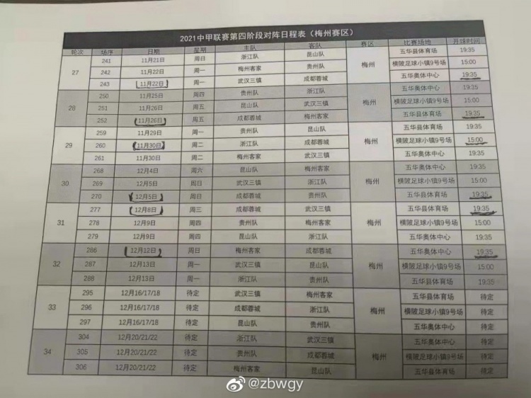 中甲梅州客家剩余赛程(博主晒中甲第四阶段梅州赛区赛程：11月21日开始，12月22日结束)