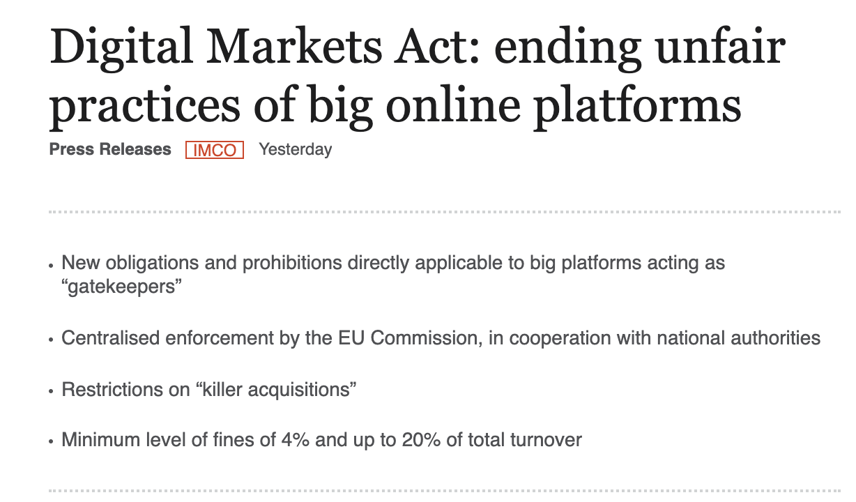 欧洲议会通过《数字市场法》，科技巨头最高将吃到20%年营收的罚单