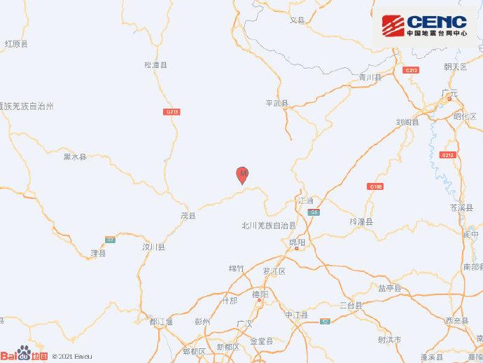 「北川县委地震」四川省绵阳市北川县发生4.0级地震，震源深度10公里