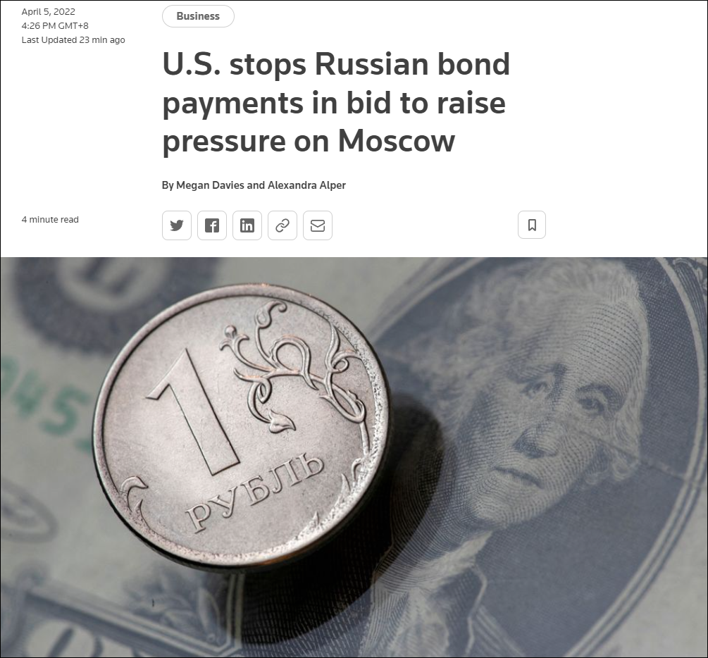 美国财政部禁止俄罗斯政府通过美国银行账户偿还美元债务，俄罗斯可能面临“历史性违约”