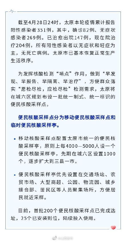 太原规划一批便民核酸采样点，先期在六城区布设1000个