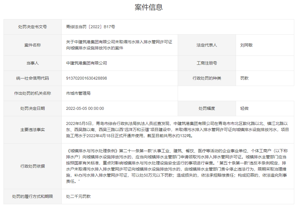遠洋萬和云璟建設中違規排放污水 中建筑港集團有限公司被處罰