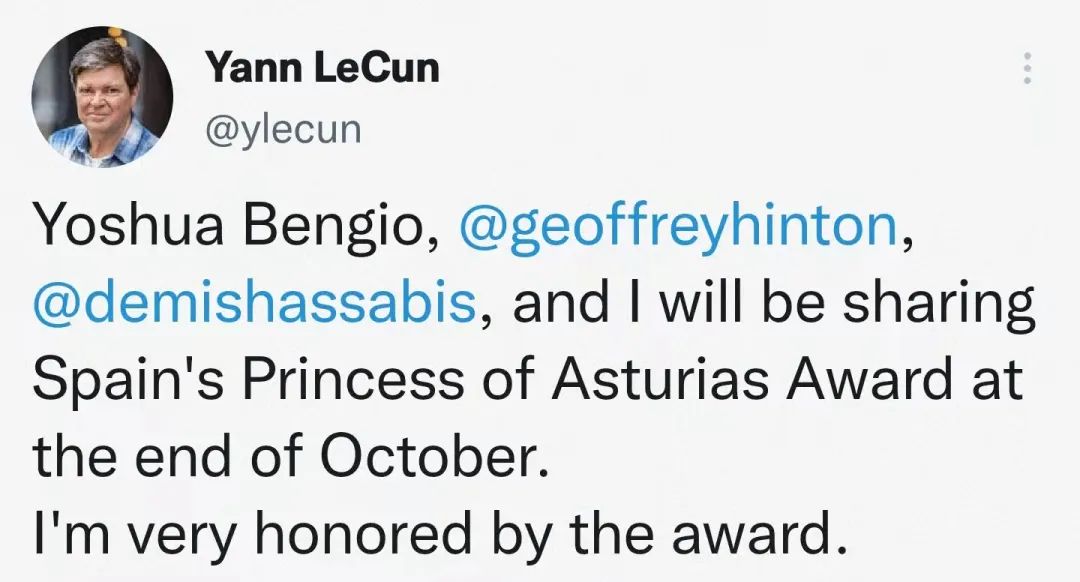 Hinton、LeCun、Bengio 与 Demis Hassabis一同获得 2022 年阿斯图里亚斯公主技术和科学研究奖