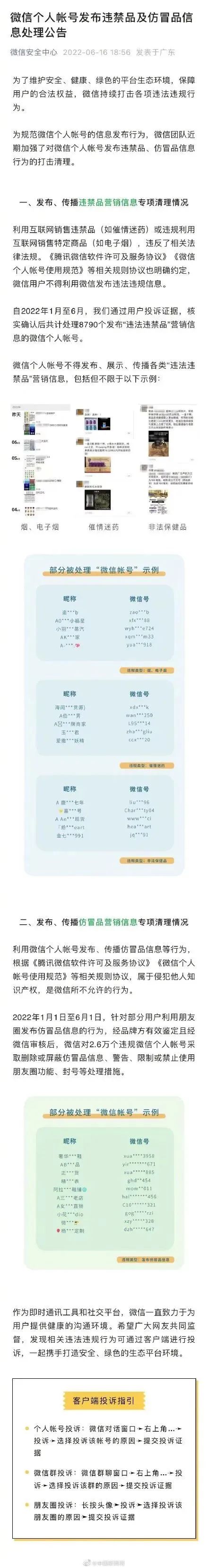 8790个微信帐号被处理