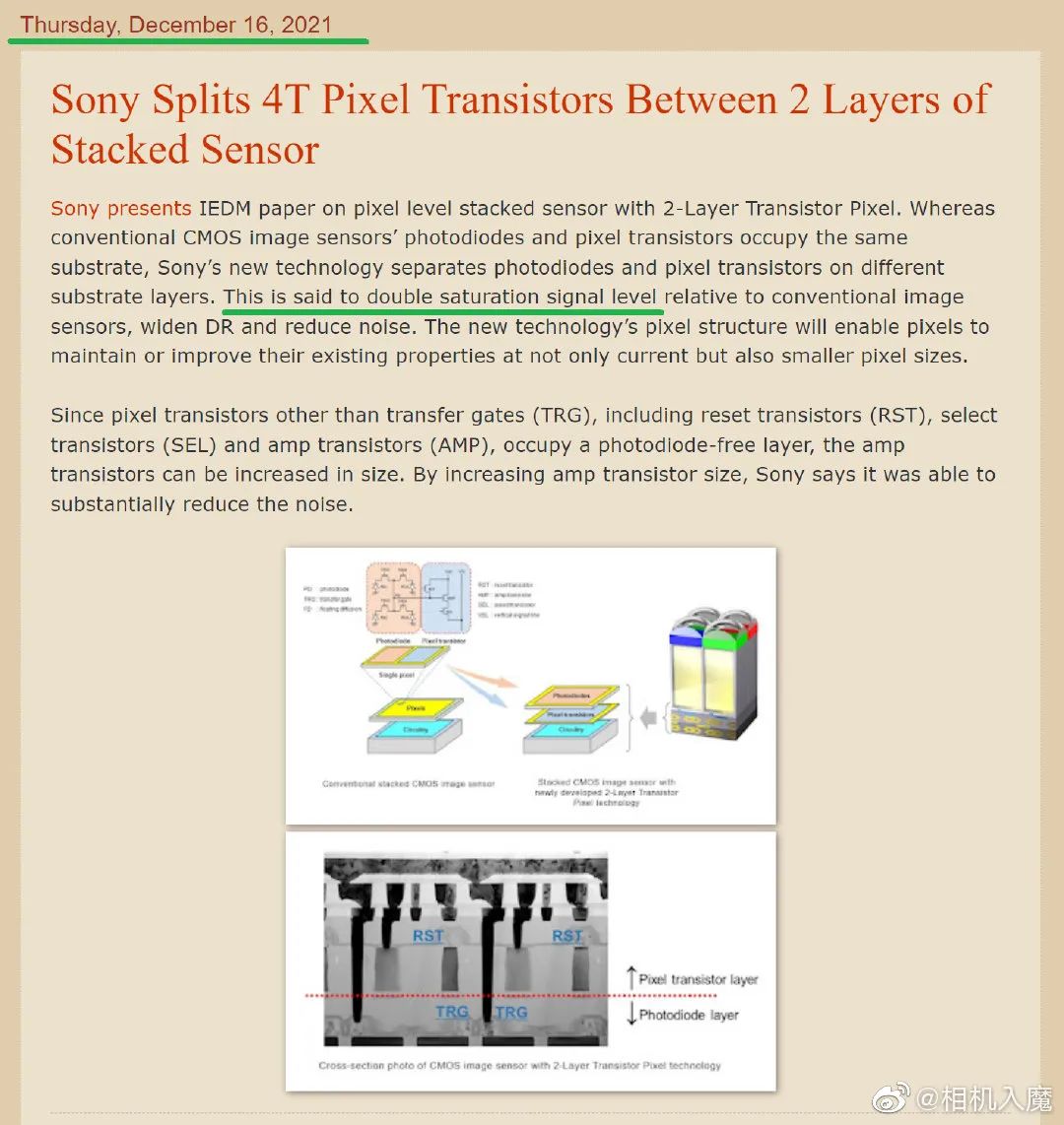 索尼正在研发拥有更高像素满井容量的传感器