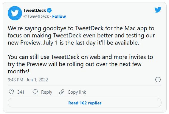 macOS端TweetDeck今天停止支持 仅剩网页端了