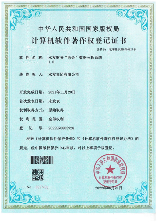 水发集团自主研发数据分析系统获计算机软件著作权登记证书