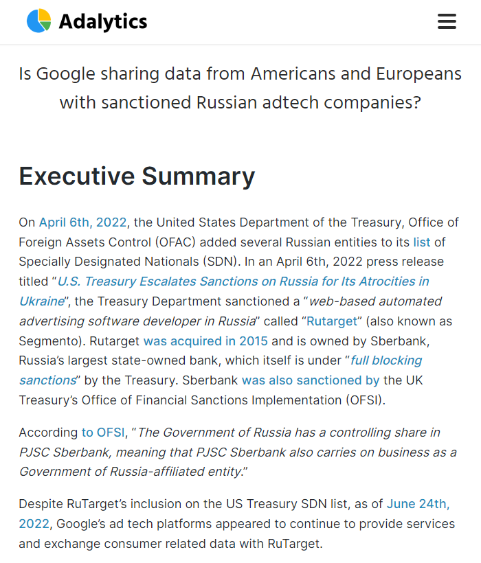 Google被指放任一家受制裁的俄罗斯广告公司持续数月收集用户数据