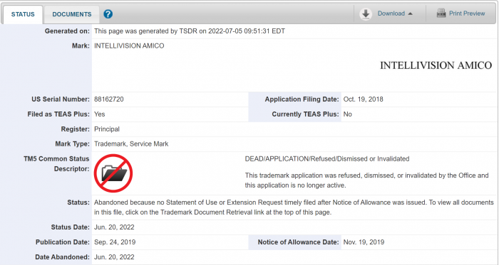 商标废弃给Intellivision Amico家用游戏机项目蒙上阴影