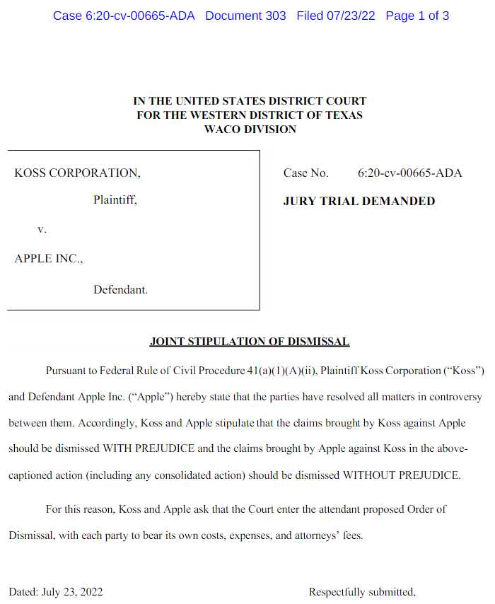 Koss与苹果持续两年的AirPods专利侵权纠纷已得到化解