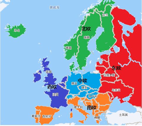 欧洲可分为西欧,中欧,北欧,南欧,东欧五部分,共44个主权国家及一个